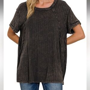 NWT Zenana Black/Charcoal Ribbed Short Sleeve Top